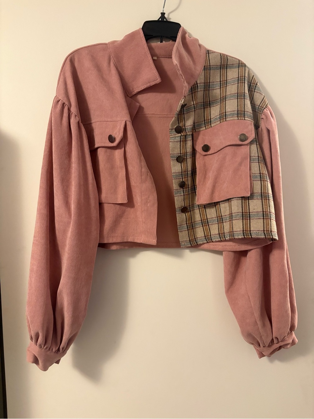 Women's Cropped Pink Plaid Panel Jacket